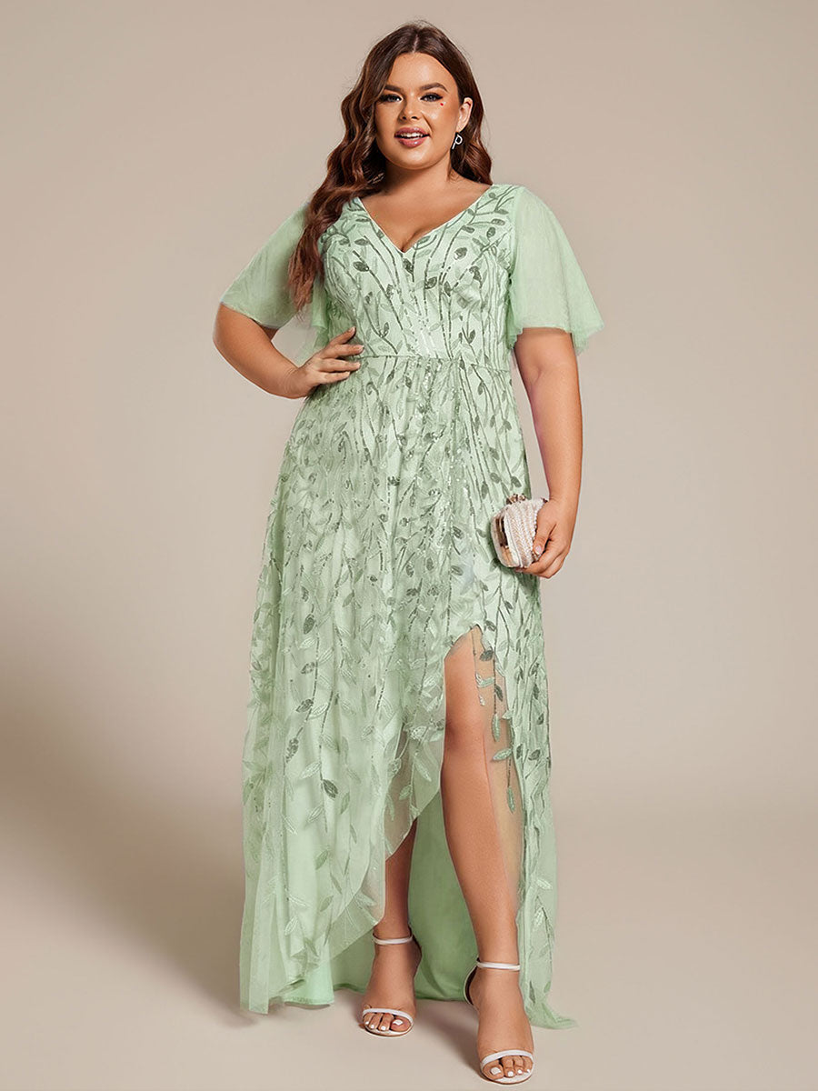 ever ALIX|Short Sleeves Sequin High Low V-Neck Midi Formal Evening Dress