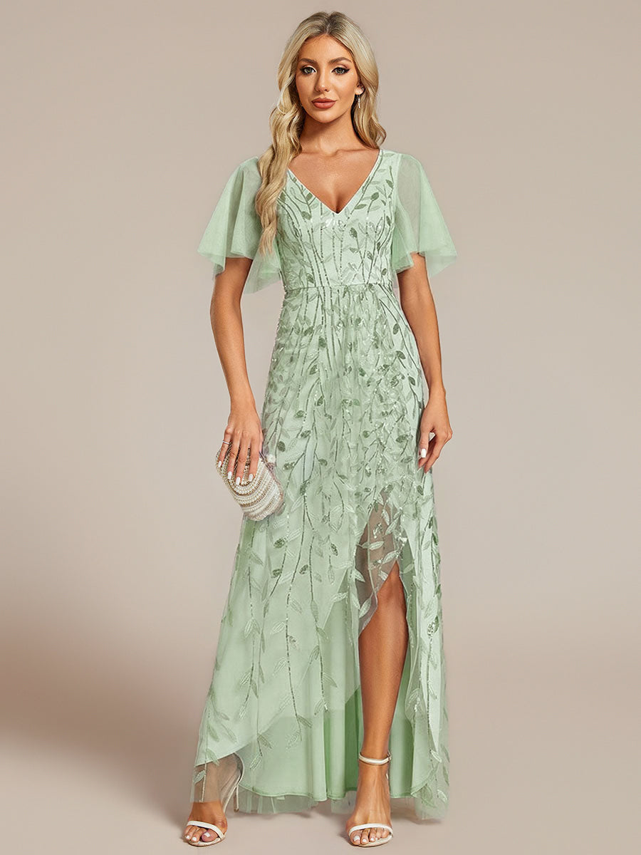 ever ALIX|Short Sleeves Sequin High Low V-Neck Midi Formal Wedding Guest Dress