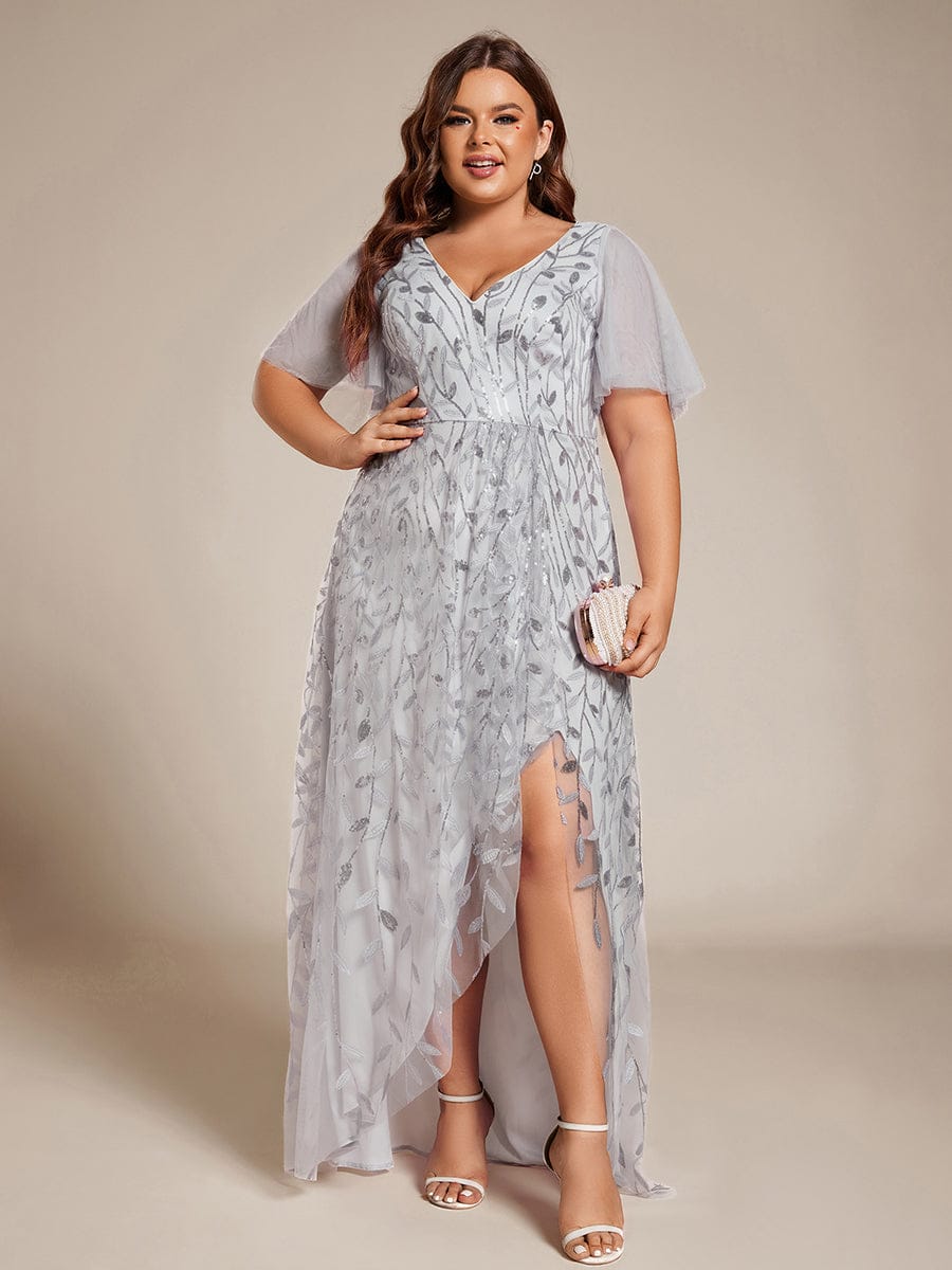 ever ALIX|Short Sleeves Sequin High Low V-Neck Midi Formal Wedding Guest Dress