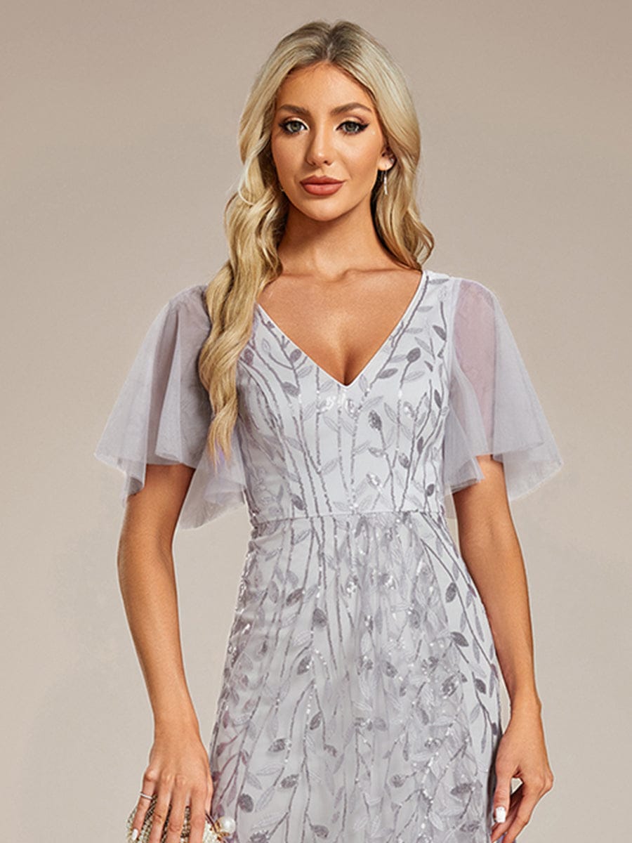 ever ALIX|Short Sleeves Sequin High Low V-Neck Midi Formal Evening Dress
