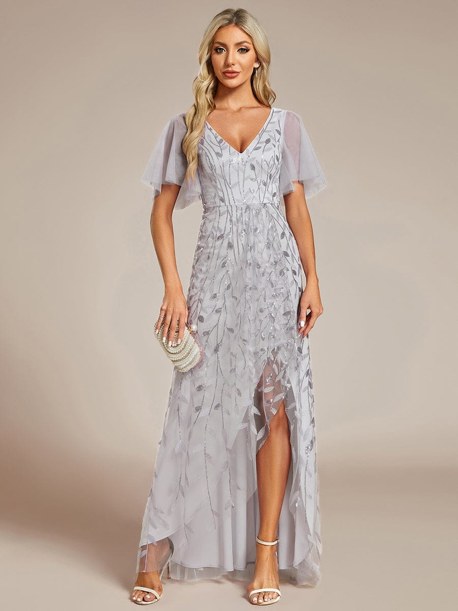ever ALIX|Short Sleeves Sequin High Low V-Neck Midi Formal Evening Dress
