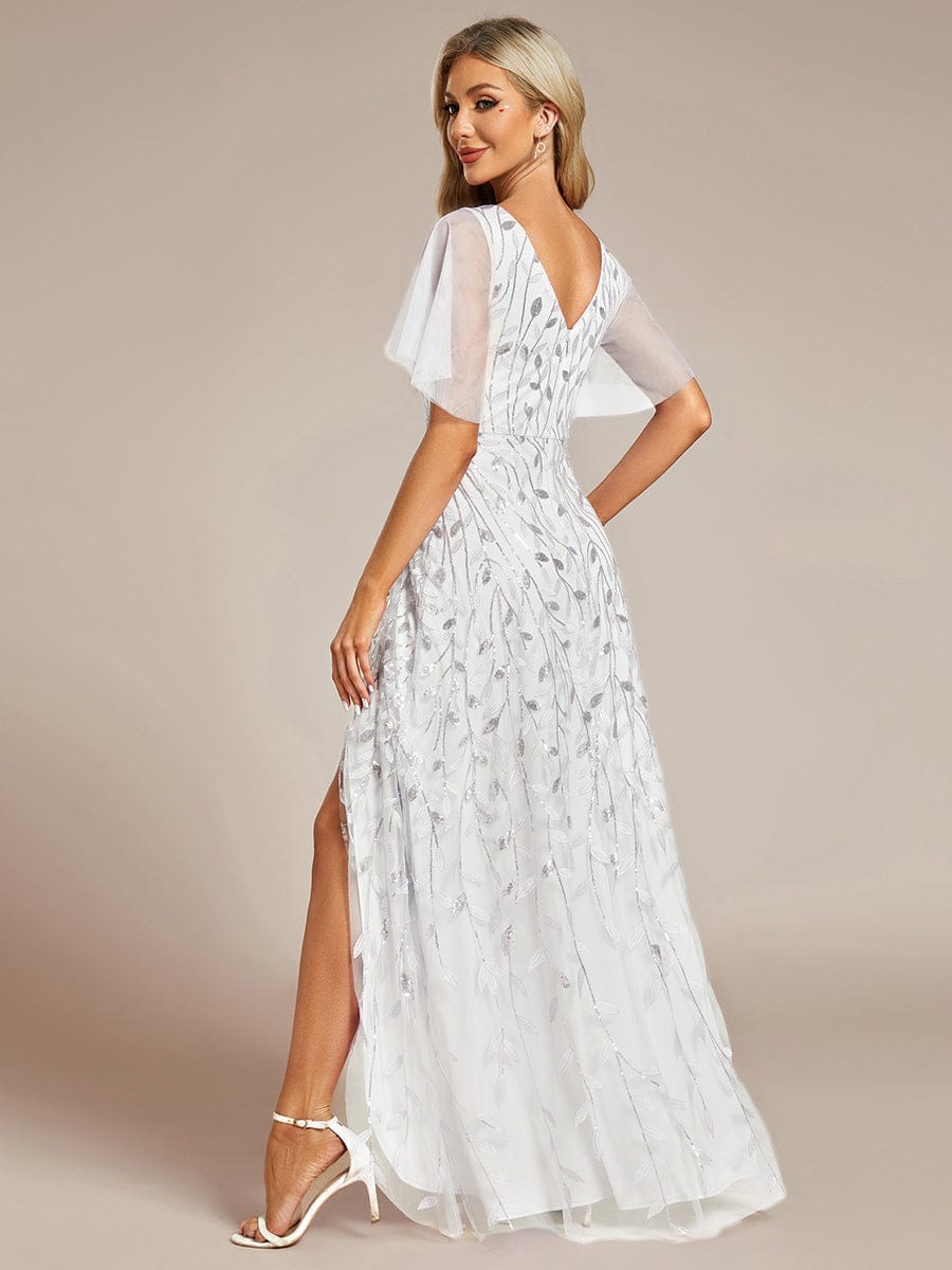 ever ALIX|Short Sleeves Sequin High Low V-Neck Midi Formal Evening Dress
