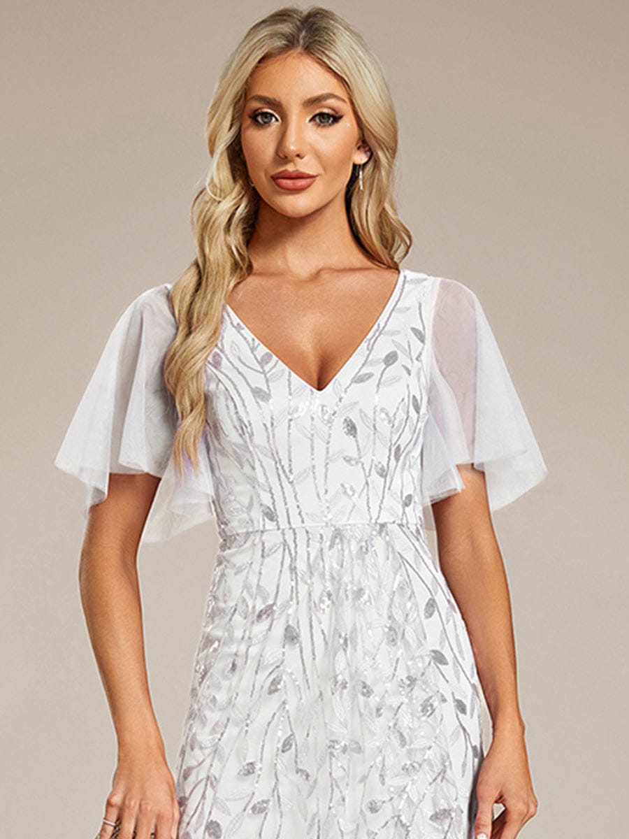 ever ALIX|Short Sleeves Sequin High Low V-Neck Midi Formal Wedding Guest Dress