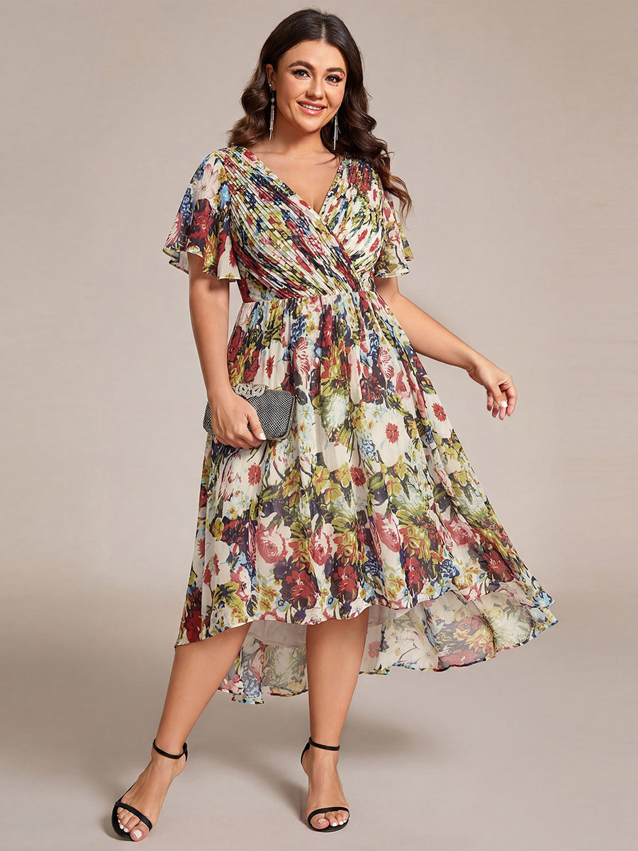 ever FAYE|Chic V Neck Asymmetrical Hem Ruffles Sleeve Pleated Chiffon Wedding Guest Dress