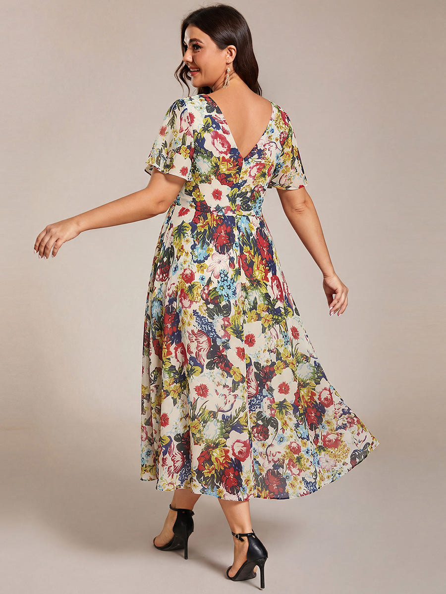ever FAYE|Chic V Neck Asymmetrical Hem Ruffles Sleeve Pleated Chiffon Wedding Guest Dress