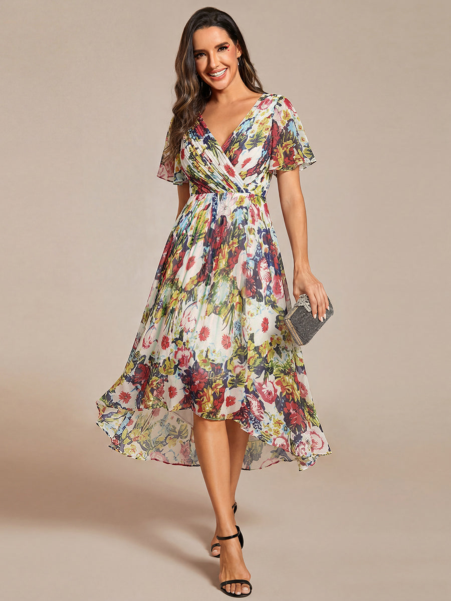 ever FAYE|Chic V Neck Asymmetrical Hem Ruffles Sleeve Pleated Chiffon Wedding Guest Dress