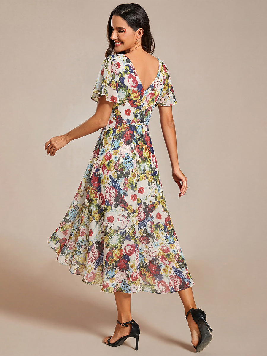 ever FAYE|Chic V Neck Asymmetrical Hem Ruffles Sleeve Pleated Chiffon Wedding Guest Dress