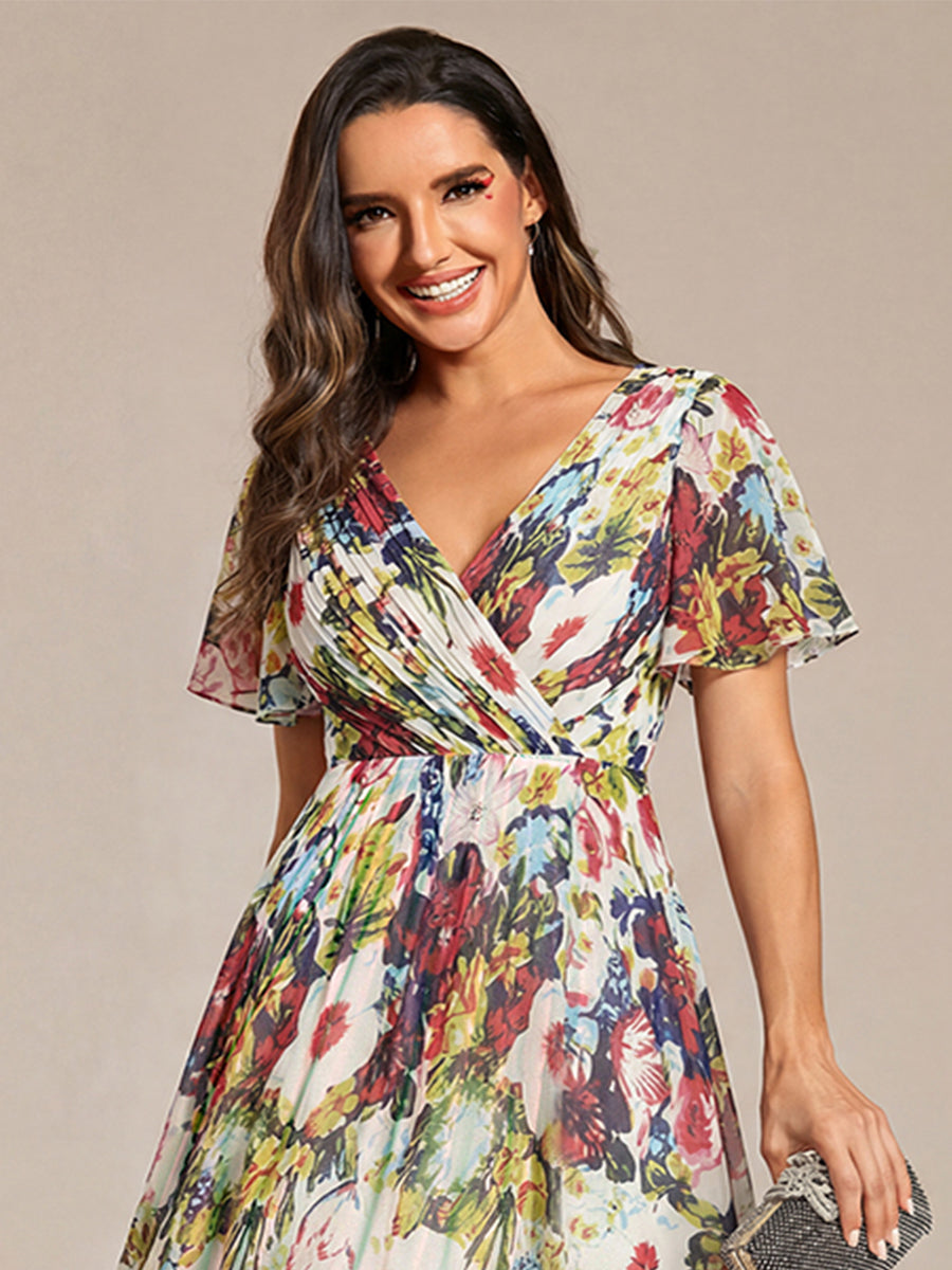 ever FAYE|Chic V Neck Asymmetrical Hem Ruffles Sleeve Pleated Chiffon Wedding Guest Dress