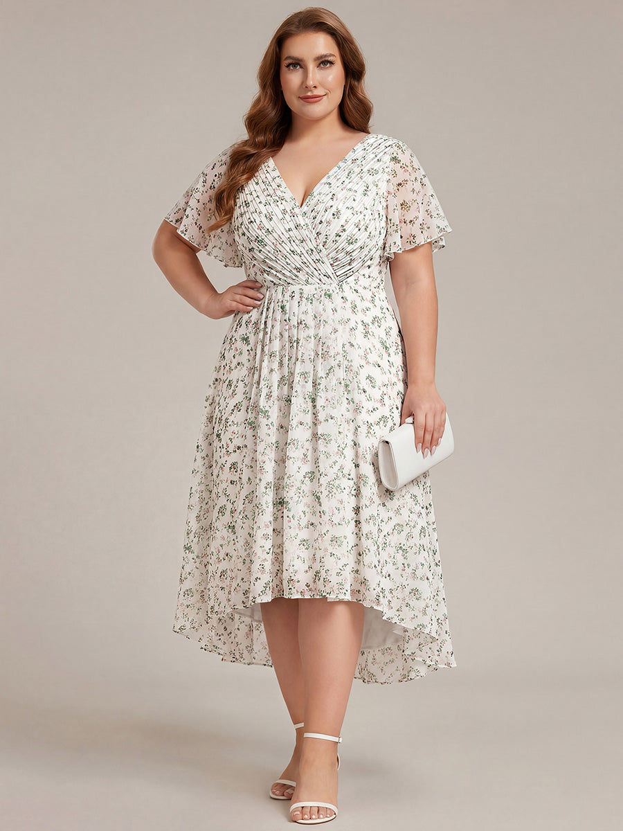 ever FAYE|Chic V Neck Asymmetrical Hem Ruffles Sleeve Pleated Chiffon Wedding Guest Dress