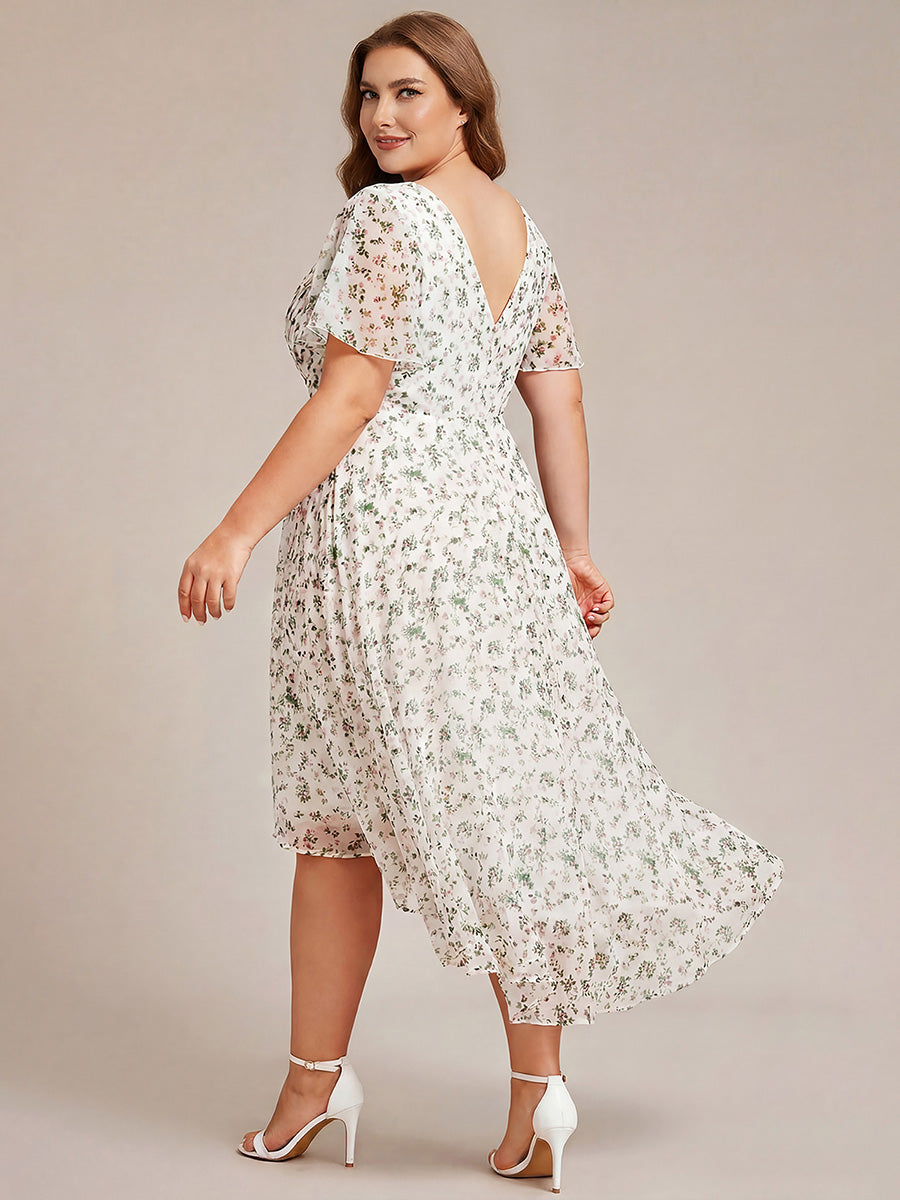 ever FAYE|Chic V Neck Asymmetrical Hem Ruffles Sleeve Pleated Chiffon Wedding Guest Dress