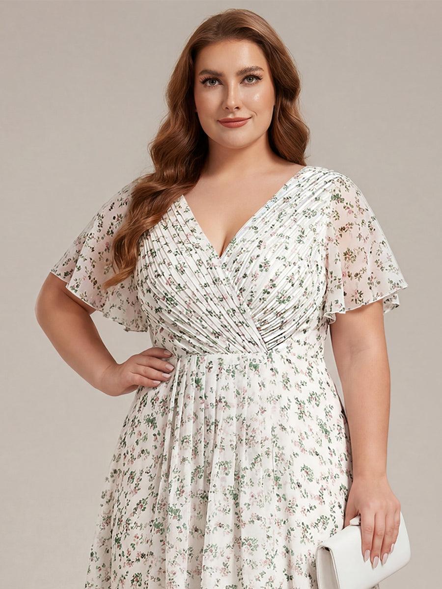 ever FAYE|Chic V Neck Asymmetrical Hem Ruffles Sleeve Pleated Chiffon Wedding Guest Dress