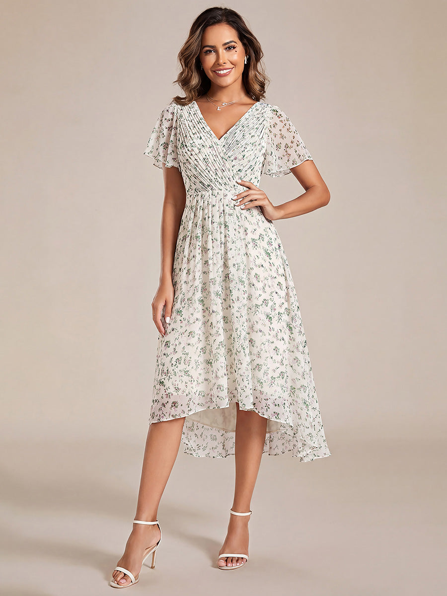 ever FAYE|Chic V Neck Asymmetrical Hem Ruffles Sleeve Pleated Chiffon Wedding Guest Dress