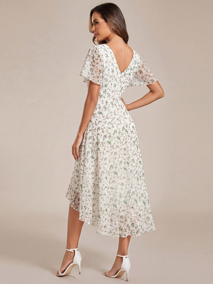 ever FAYE|Chic V Neck Asymmetrical Hem Ruffles Sleeve Pleated Chiffon Wedding Guest Dress