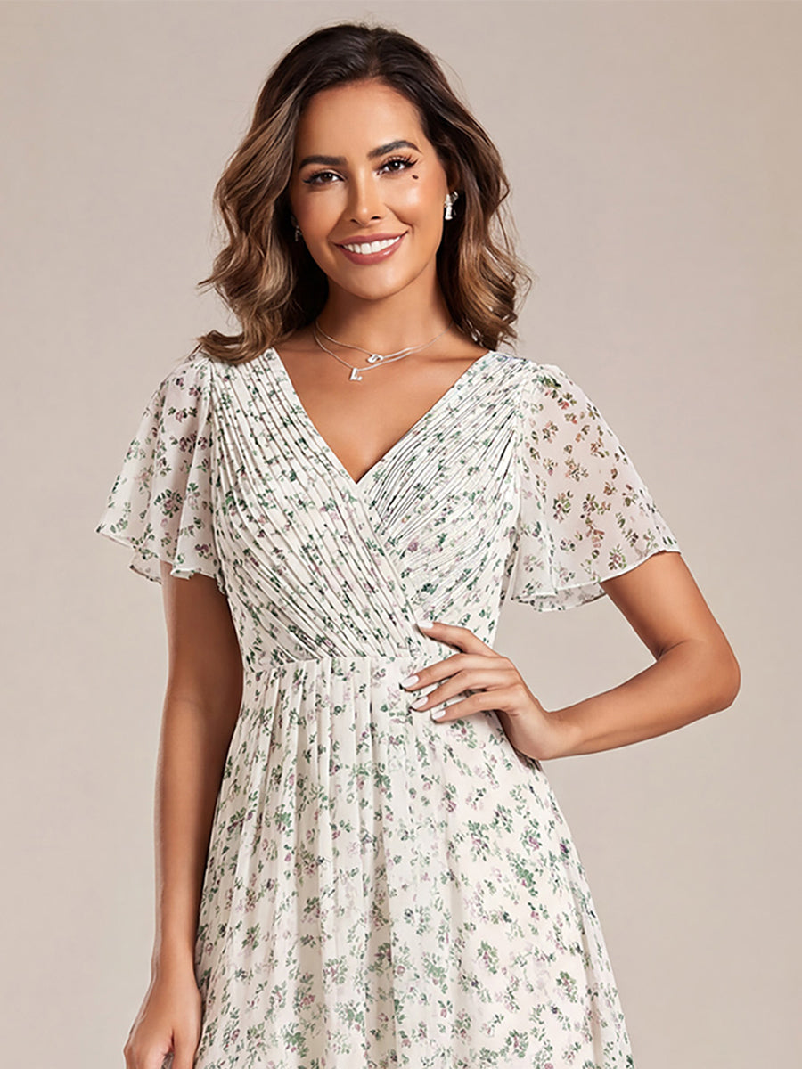 ever FAYE|Chic V Neck Asymmetrical Hem Ruffles Sleeve Pleated Chiffon Wedding Guest Dress