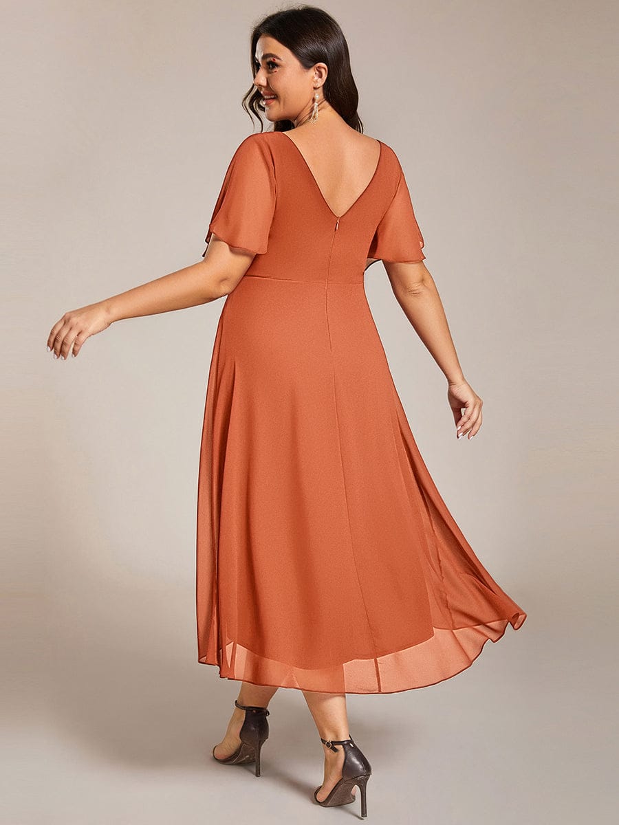 ever FAYE|Chic V Neck Asymmetrical Hem Ruffles Sleeve Pleated Chiffon Wedding Guest Dress