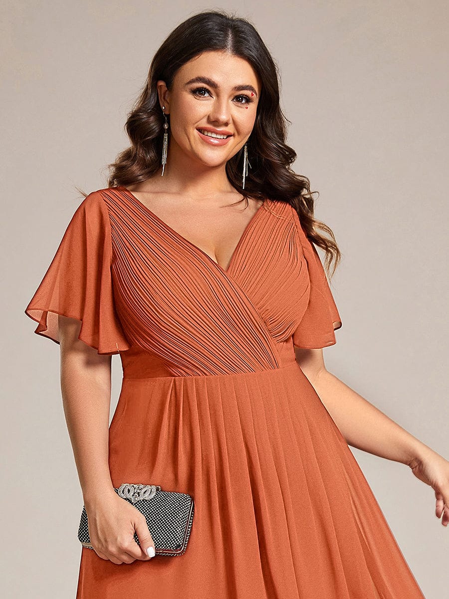 ever FAYE|Chic V Neck Asymmetrical Hem Ruffles Sleeve Pleated Chiffon Wedding Guest Dress