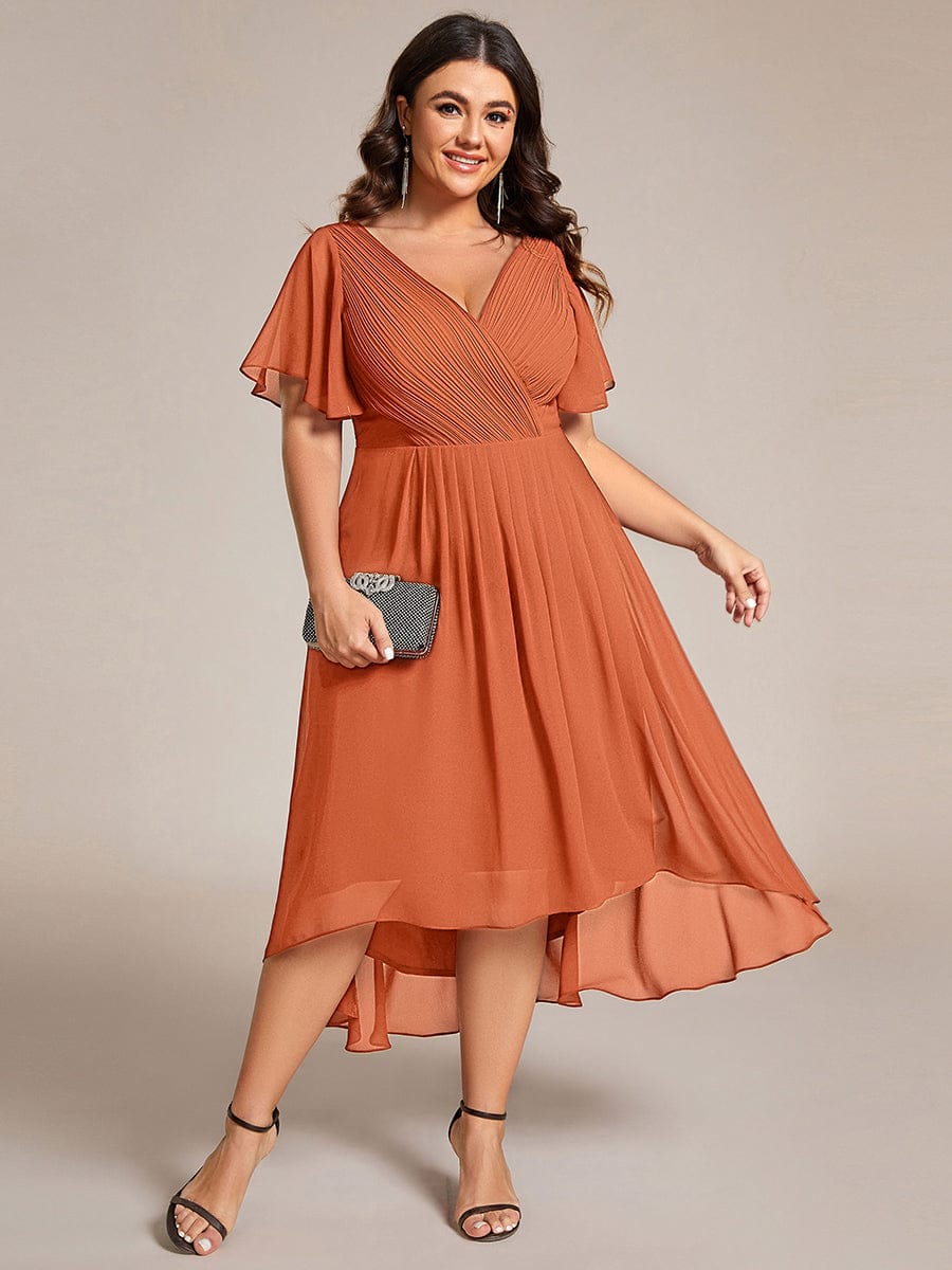 ever FAYE|Chic V Neck Asymmetrical Hem Ruffles Sleeve Pleated Chiffon Wedding Guest Dress