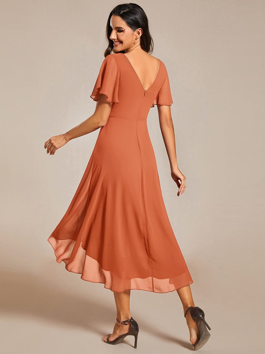 ever FAYE|Chic V Neck Asymmetrical Hem Ruffles Sleeve Pleated Chiffon Wedding Guest Dress