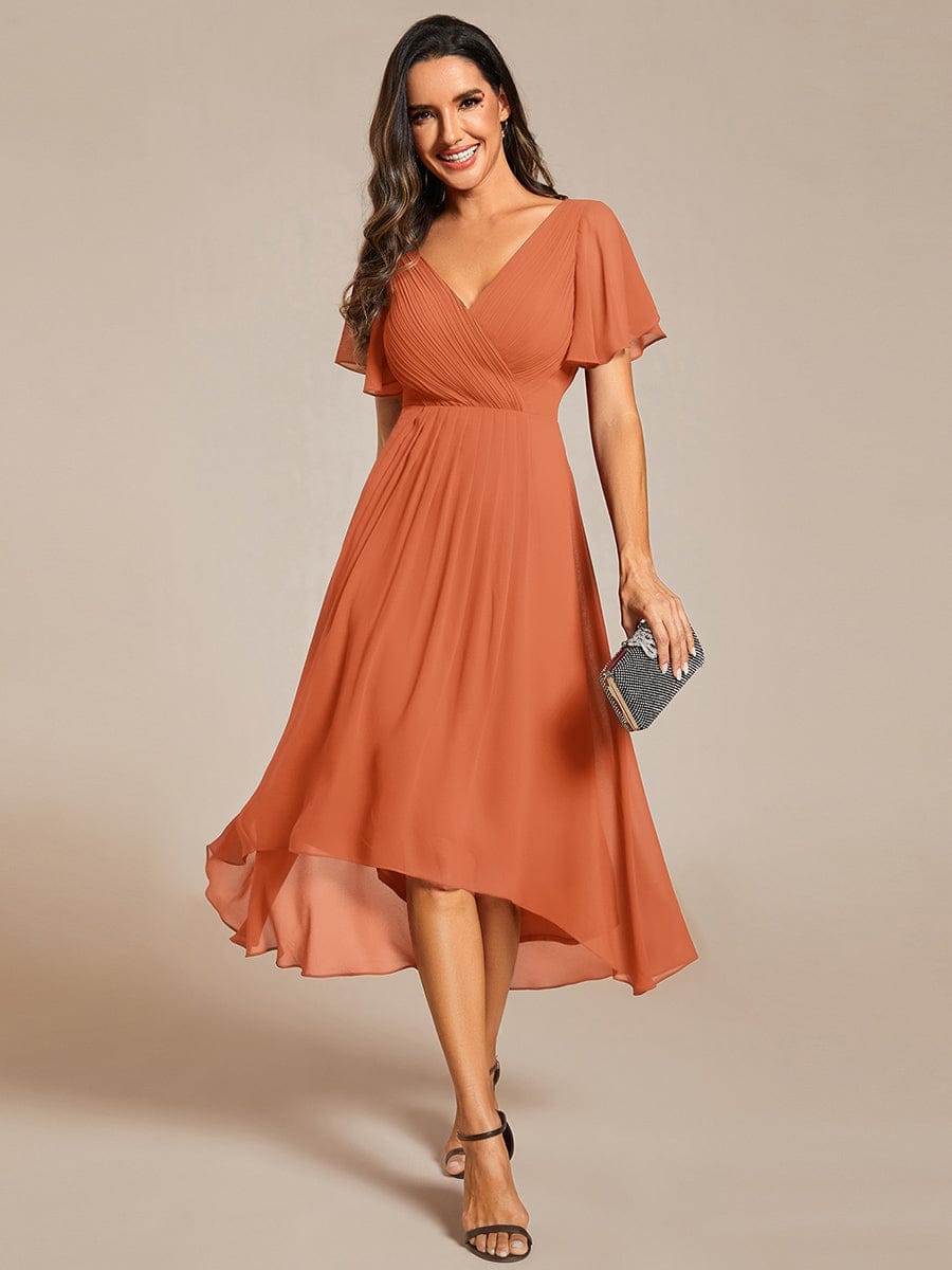 ever FAYE|Chic V Neck Asymmetrical Hem Ruffles Sleeve Pleated Chiffon Wedding Guest Dress