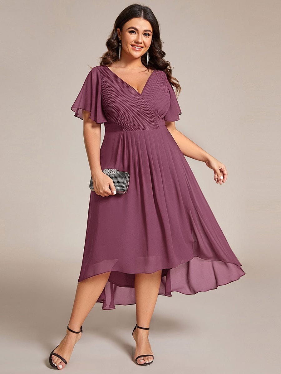ever FAYE|Elegant V-Neck Flowy High-Low Short Sleeve Wedding Guest Dress