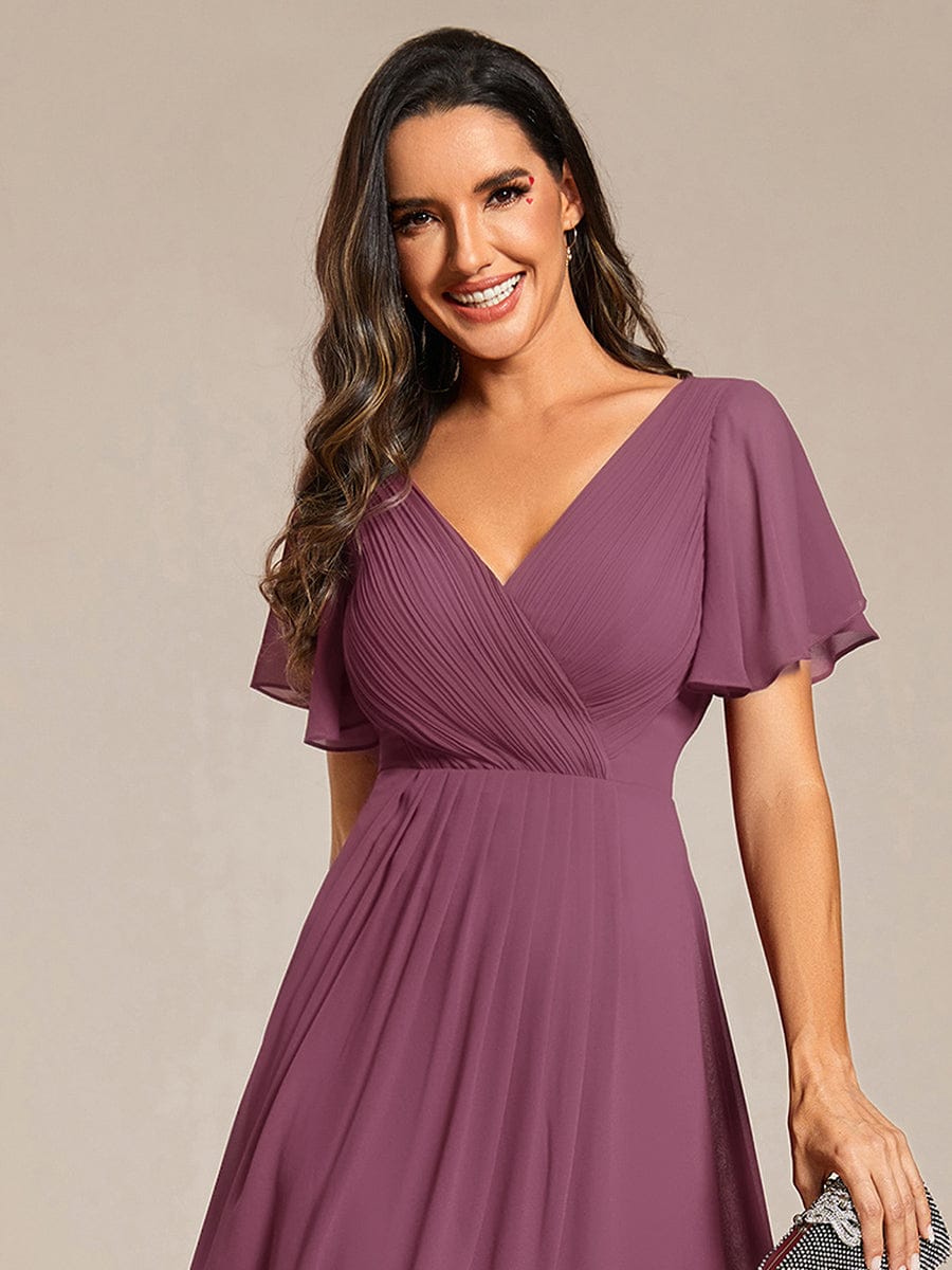 ever FAYE|Chic V Neck Asymmetrical Hem Ruffles Sleeve Pleated Chiffon Wedding Guest Dress