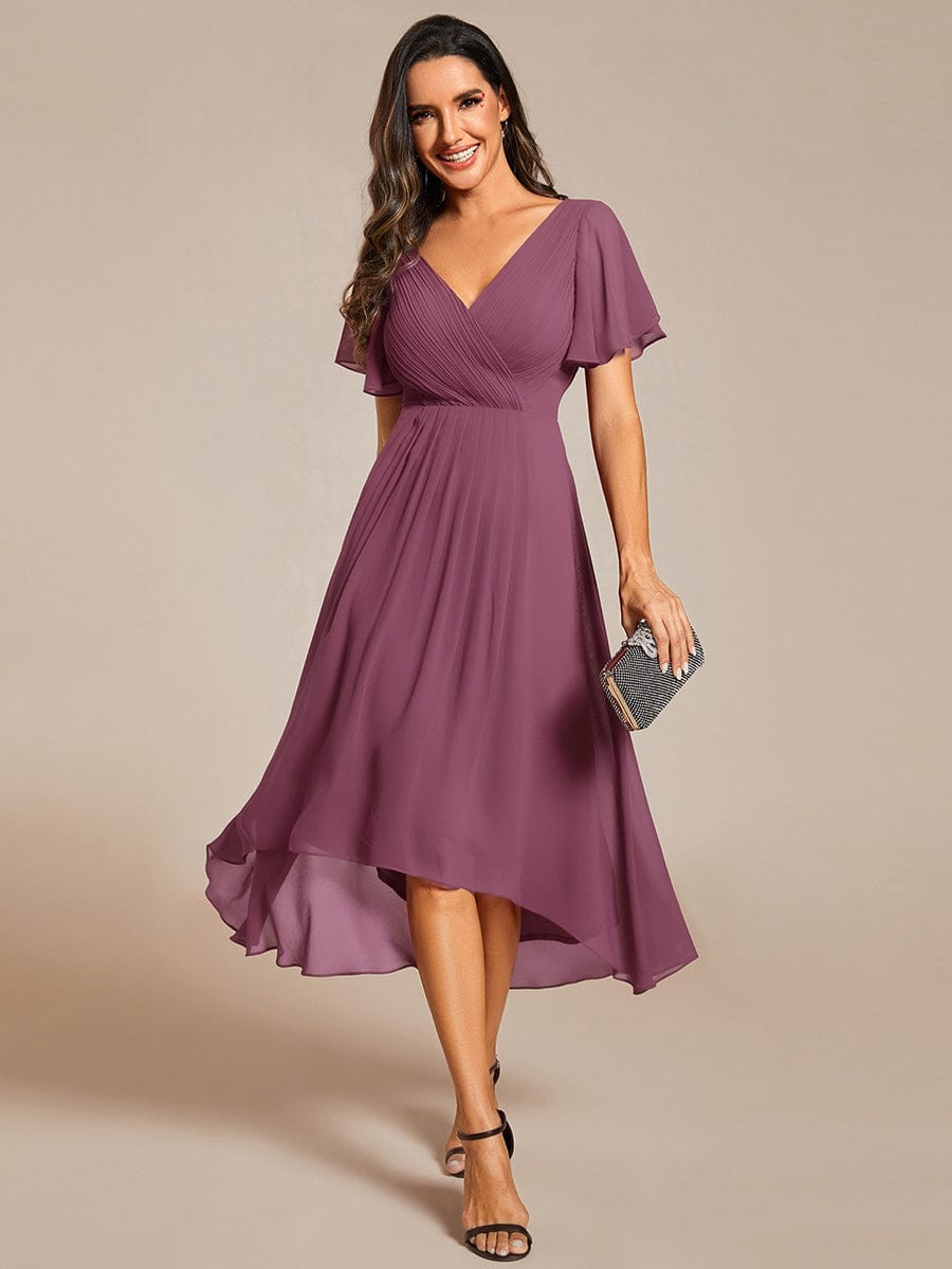 ever FAYE|Chic V Neck Asymmetrical Hem Ruffles Sleeve Pleated Chiffon Wedding Guest Dress