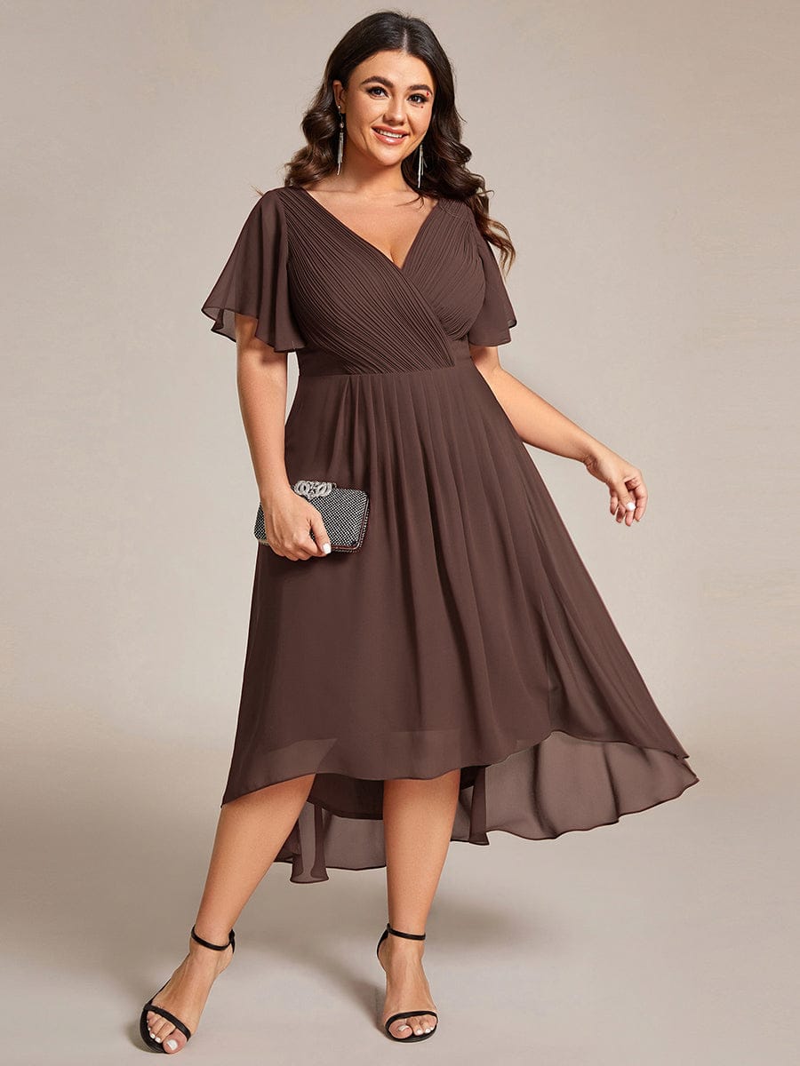 ever FAYE|Elegant V-Neck Flowy High-Low Short Sleeve Wedding Guest Dress