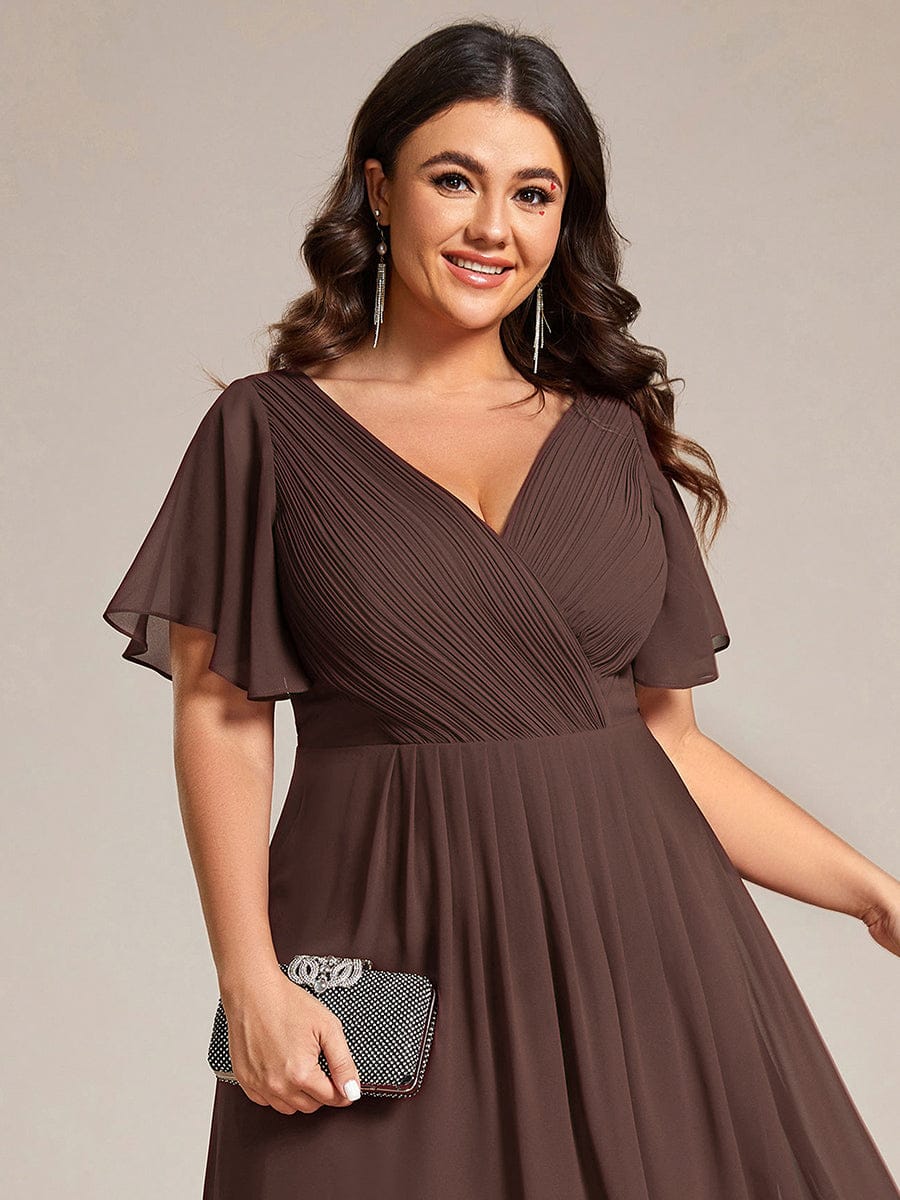 ever FAYE|Chic V Neck Asymmetrical Hem Ruffles Sleeve Pleated Chiffon Wedding Guest Dress
