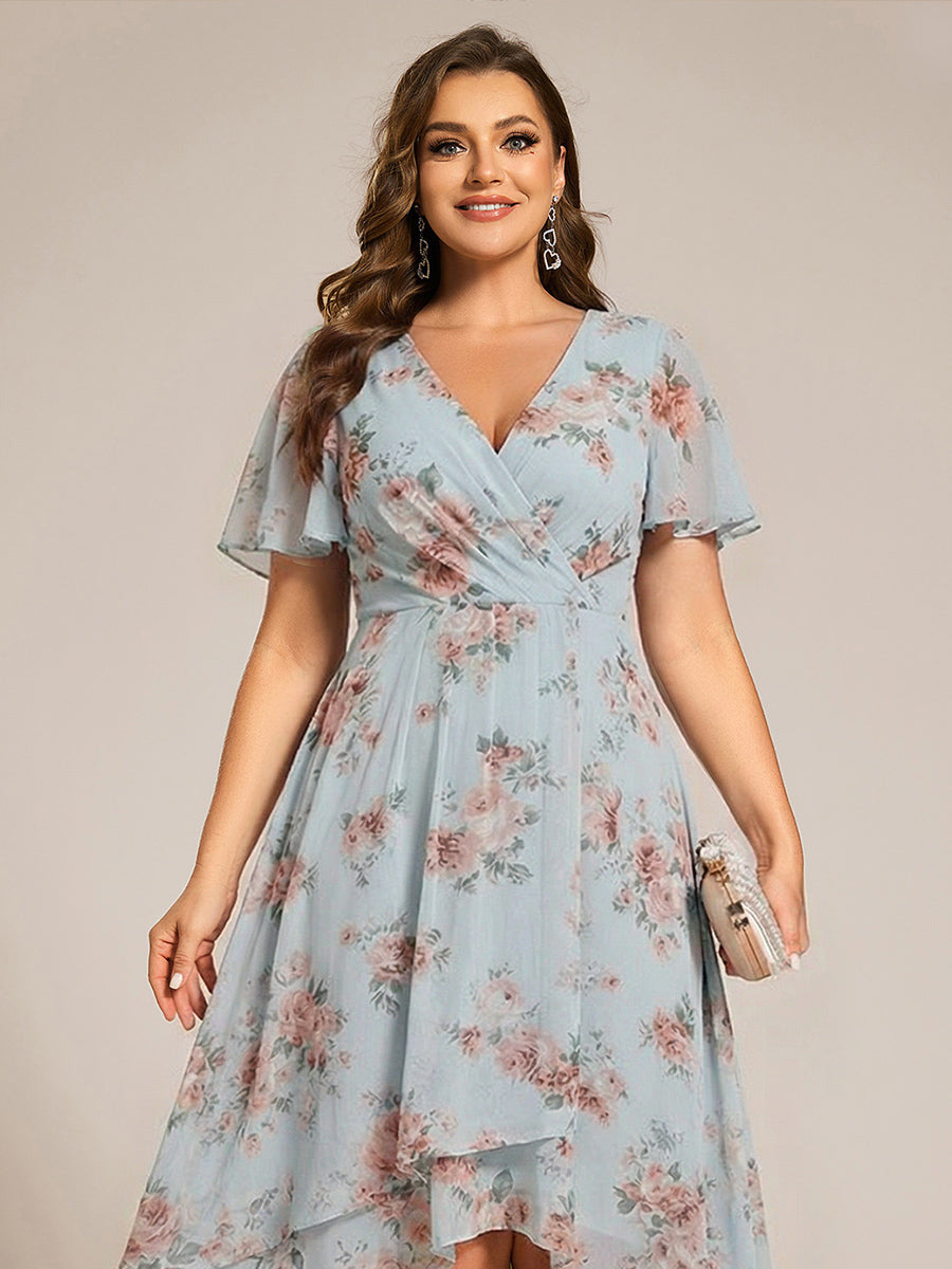 Deep V-Neck Chiffon Ruffle Sleeve Wedding Guest Dress