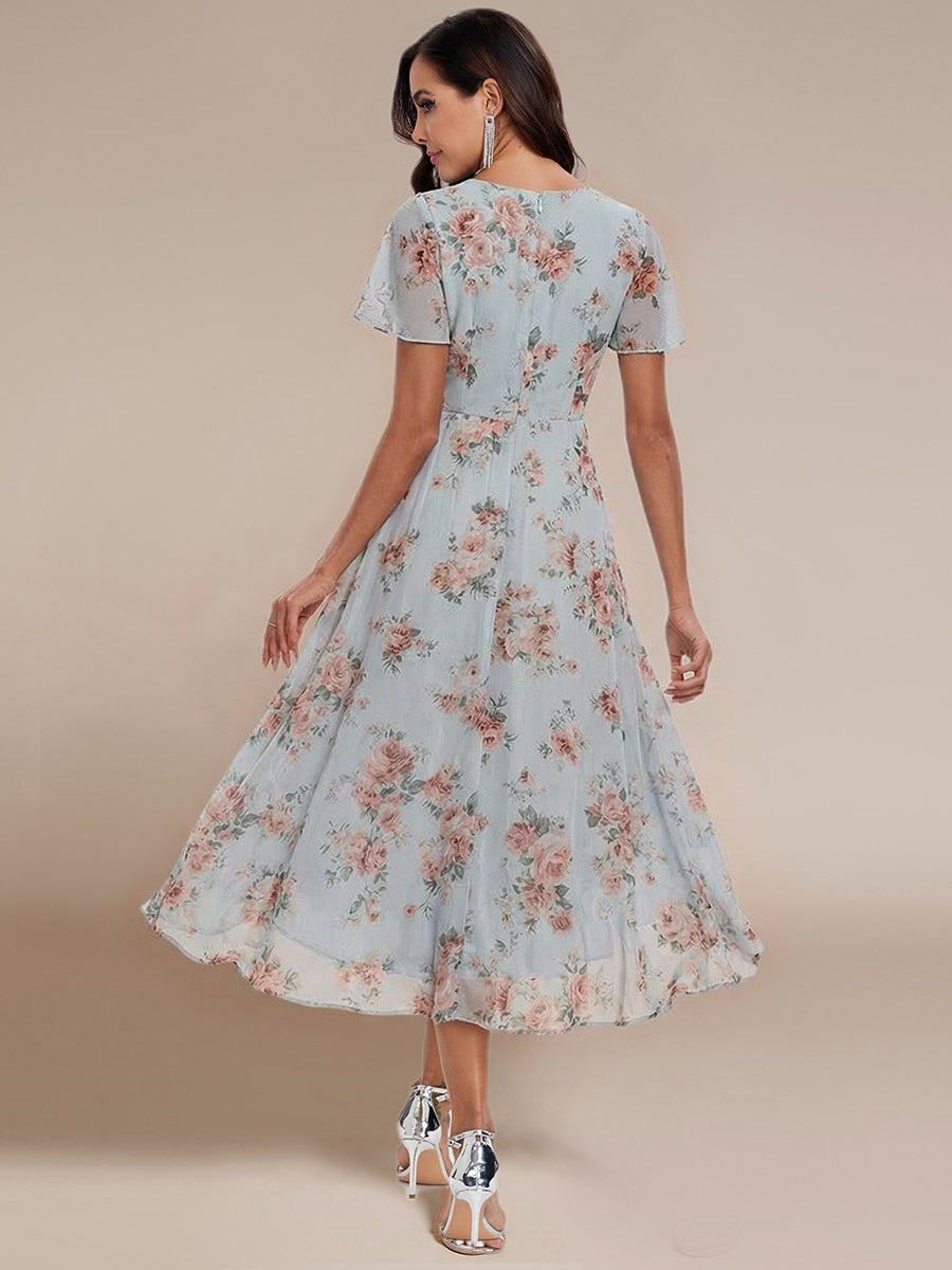Deep V-Neck Chiffon Ruffle Sleeve Wedding Guest Dress