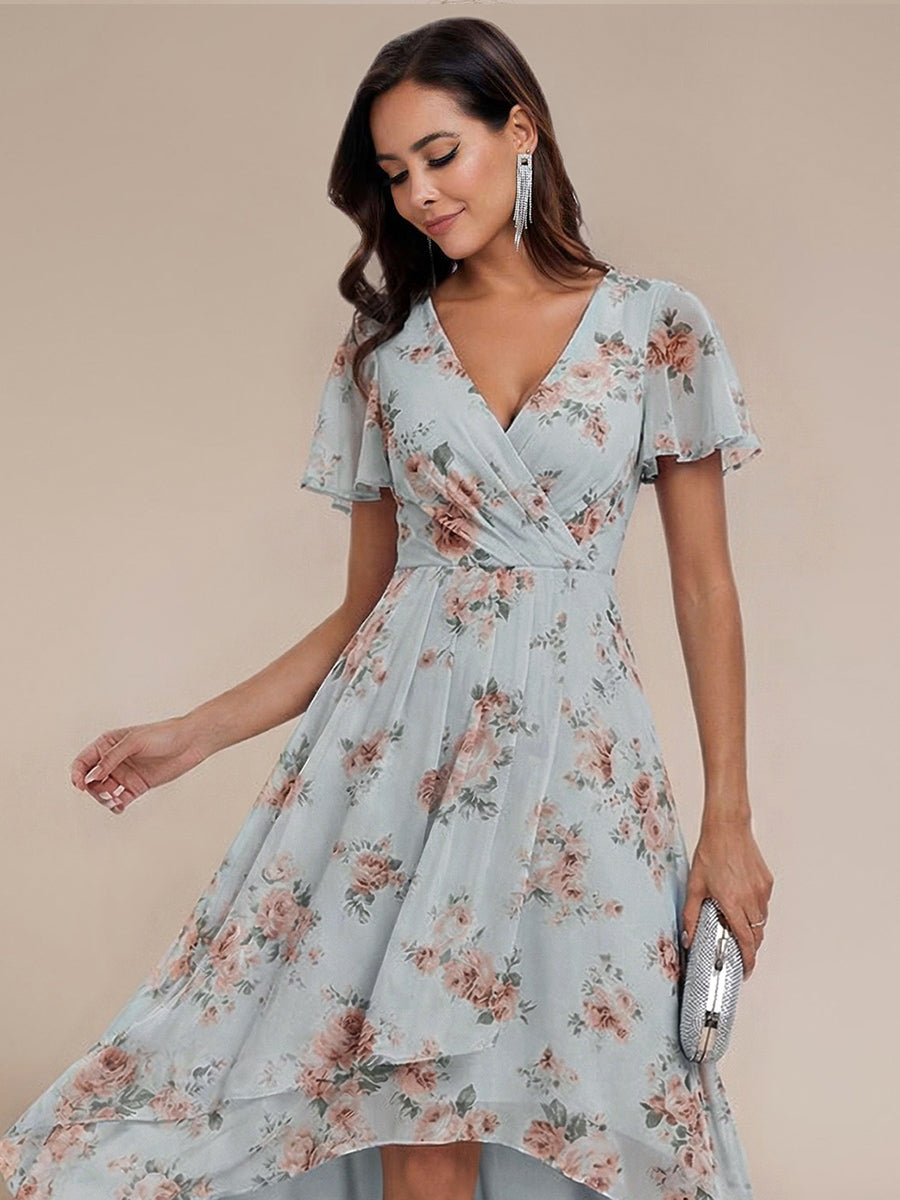 Deep V-Neck Chiffon Ruffle Sleeve Wedding Guest Dress