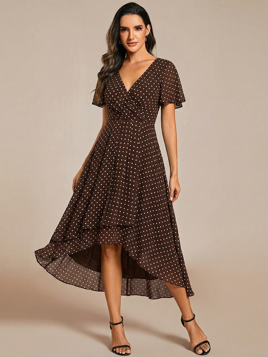 Deep V-Neck Chiffon Ruffle Sleeve Wedding Guest Dress