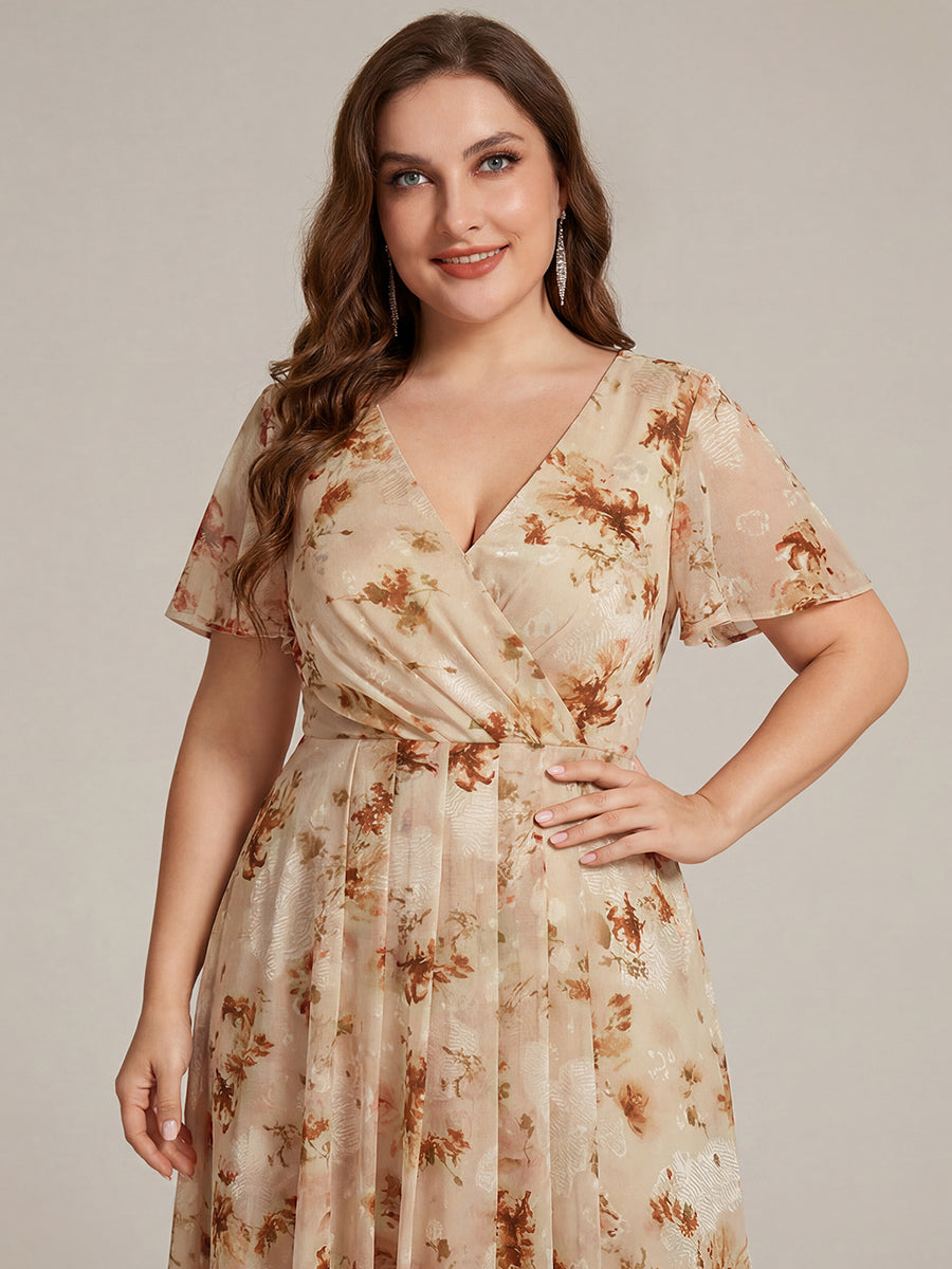 Deep V-Neck Chiffon Ruffle Sleeve Wedding Guest Dress