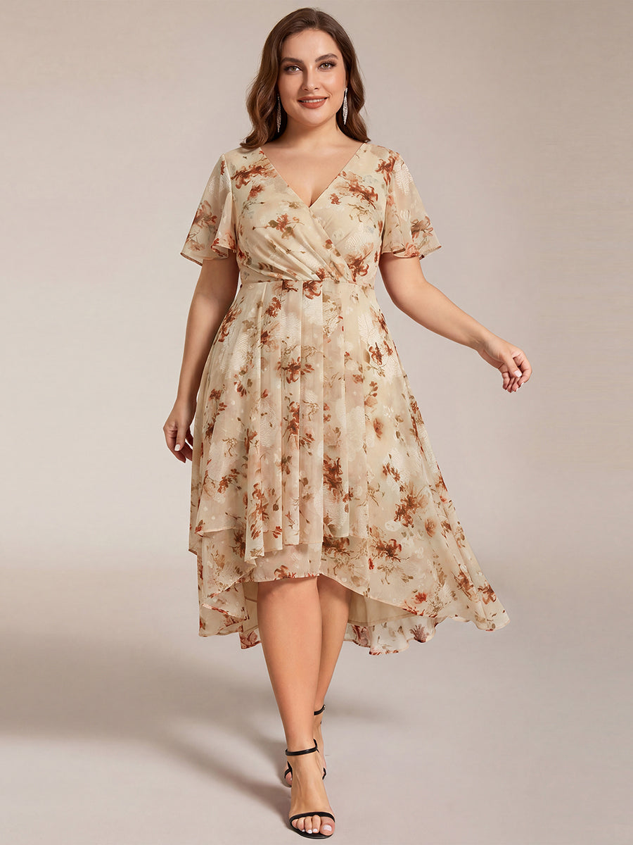 Deep V-Neck Chiffon Ruffle Sleeve Wedding Guest Dress