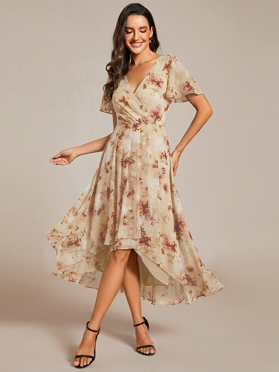 Deep V-Neck Chiffon Ruffle Sleeve Wedding Guest Dress