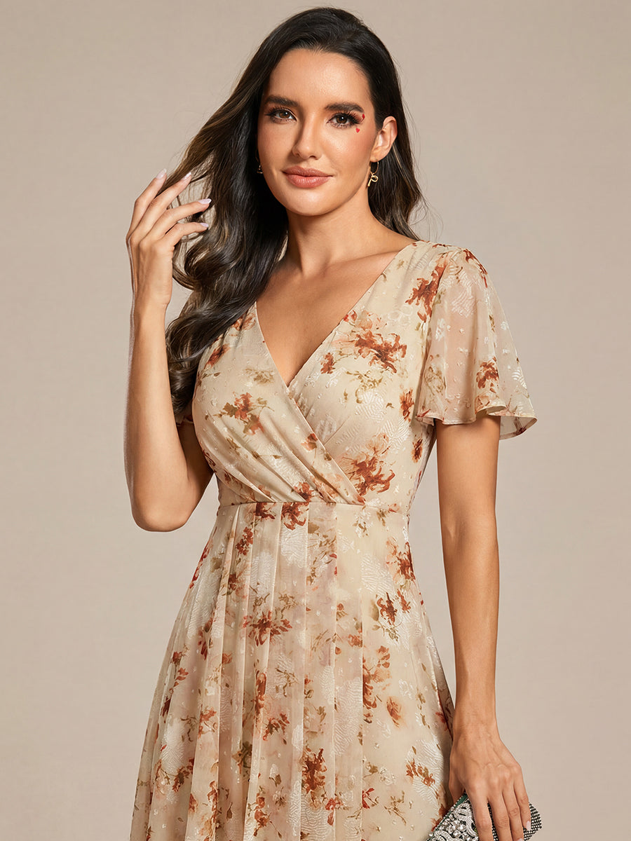Deep V-Neck Chiffon Ruffle Sleeve Wedding Guest Dress