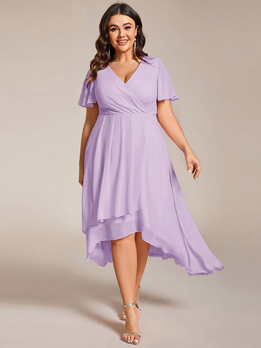 Deep V-Neck Chiffon Ruffle Sleeve Wedding Guest Dress