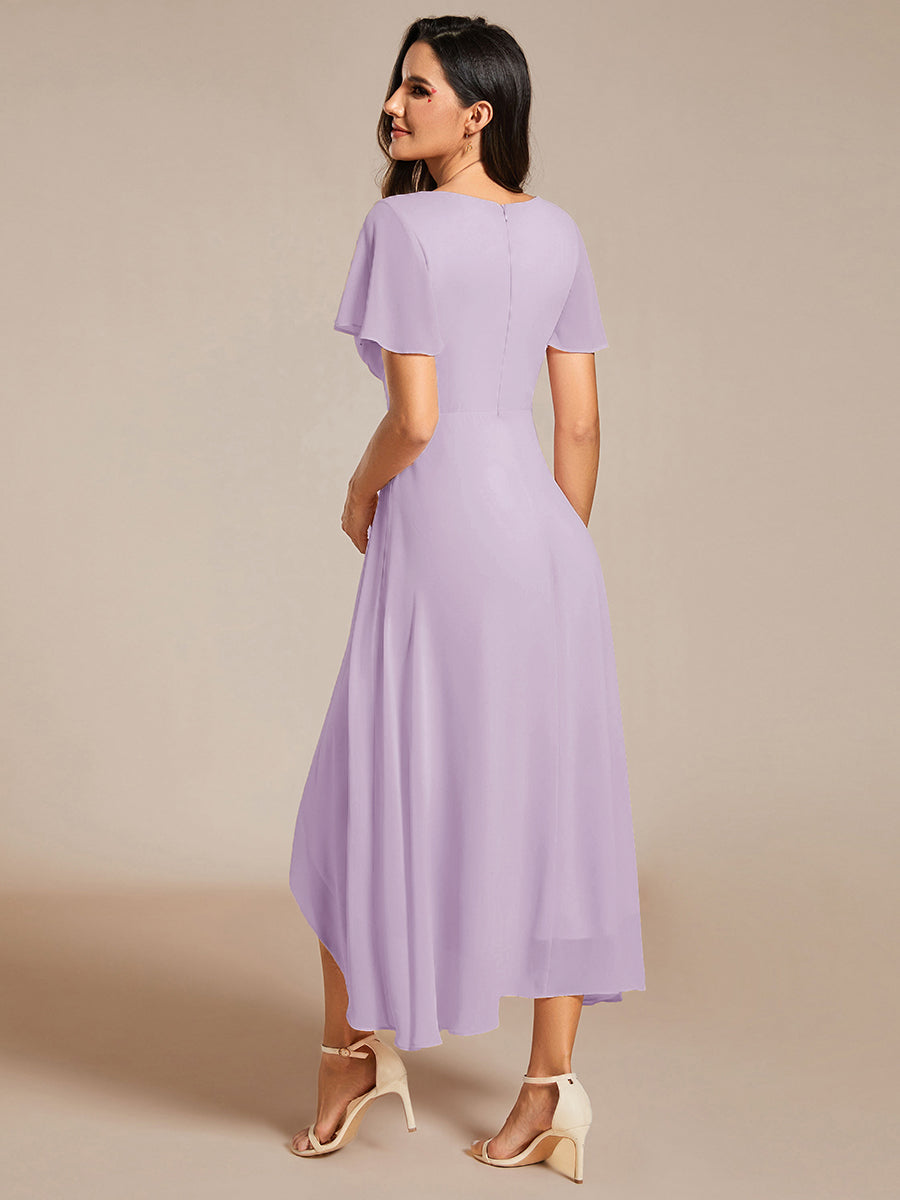 Deep V-Neck Chiffon Ruffle Sleeve Wedding Guest Dress