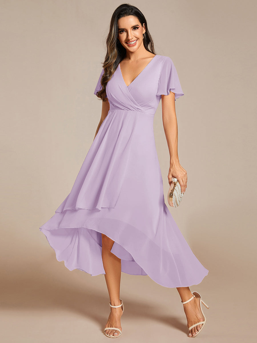 Deep V-Neck Chiffon Ruffle Sleeve Wedding Guest Dress