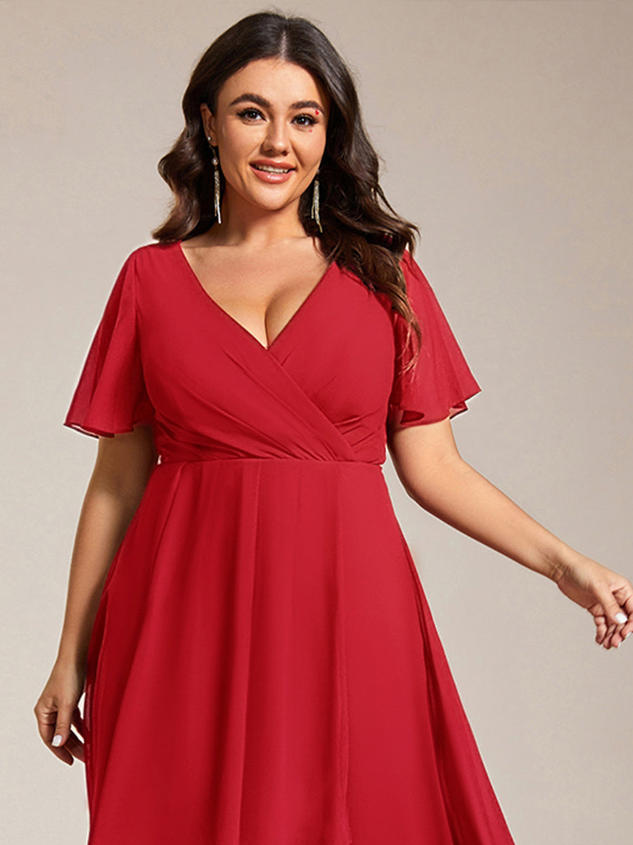 Deep V-Neck Chiffon Ruffle Sleeve Wedding Guest Dress