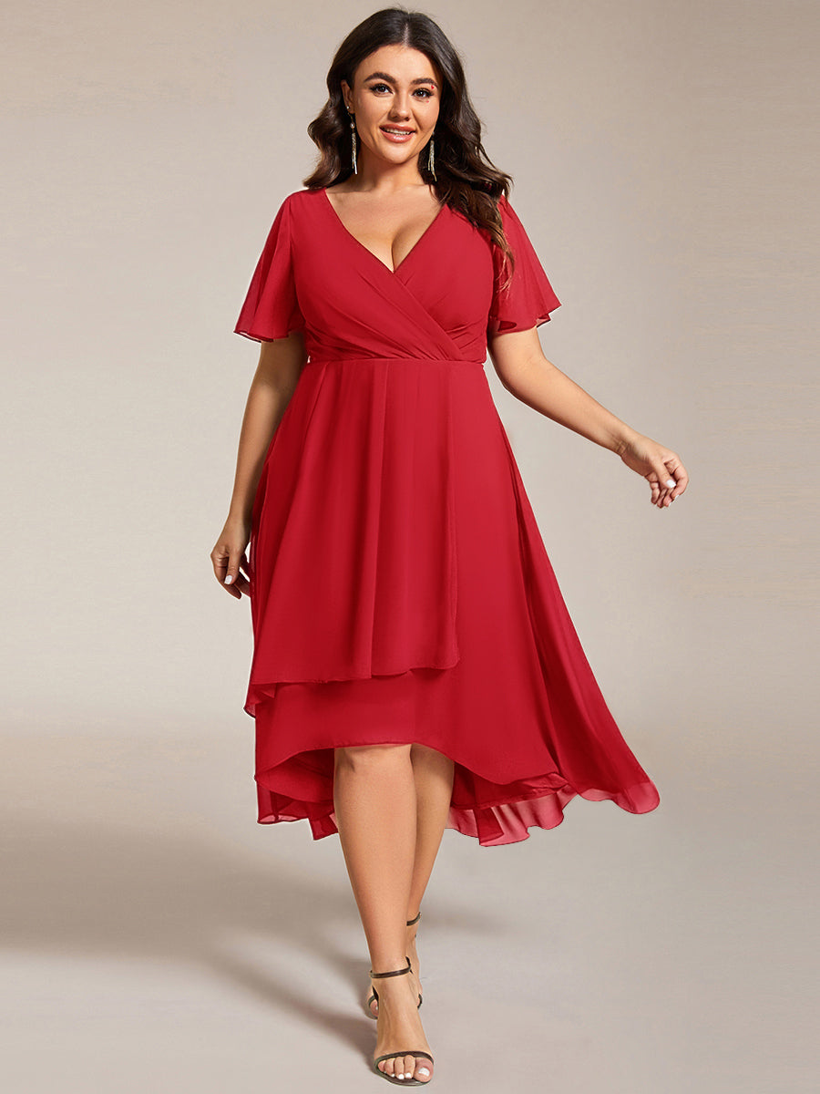 Deep V-Neck Chiffon Ruffle Sleeve Wedding Guest Dress