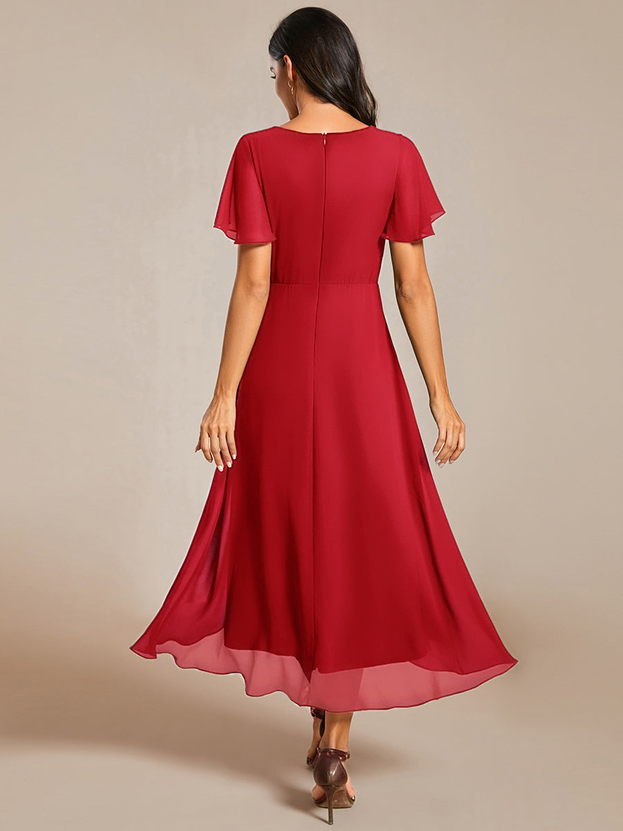 Deep V-Neck Chiffon Ruffle Sleeve Wedding Guest Dress