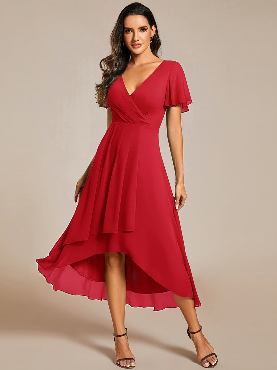 Deep V-Neck Chiffon Ruffle Sleeve Wedding Guest Dress