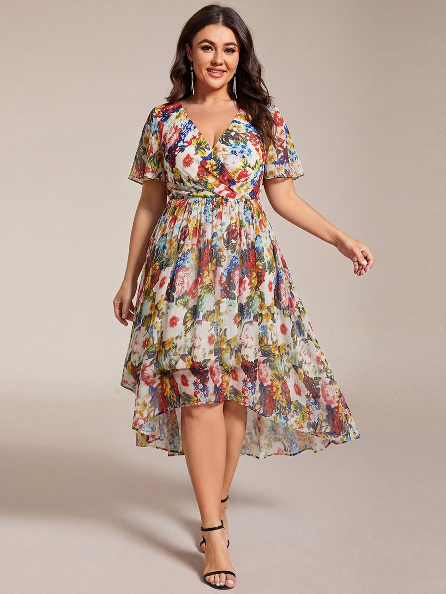 Deep V-Neck Chiffon Ruffle Sleeve Wedding Guest Dress