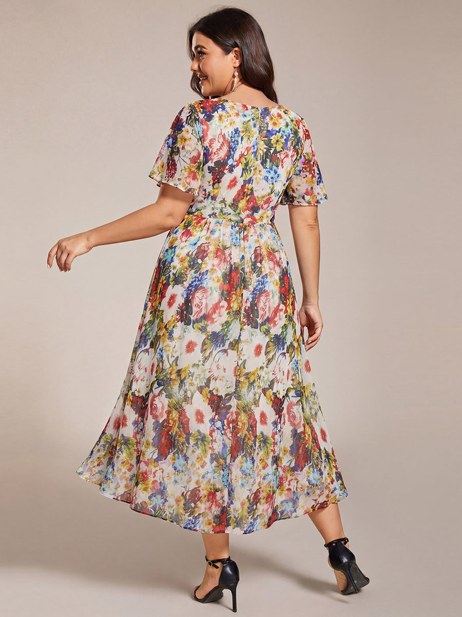 Deep V-Neck Chiffon Ruffle Sleeve Wedding Guest Dress