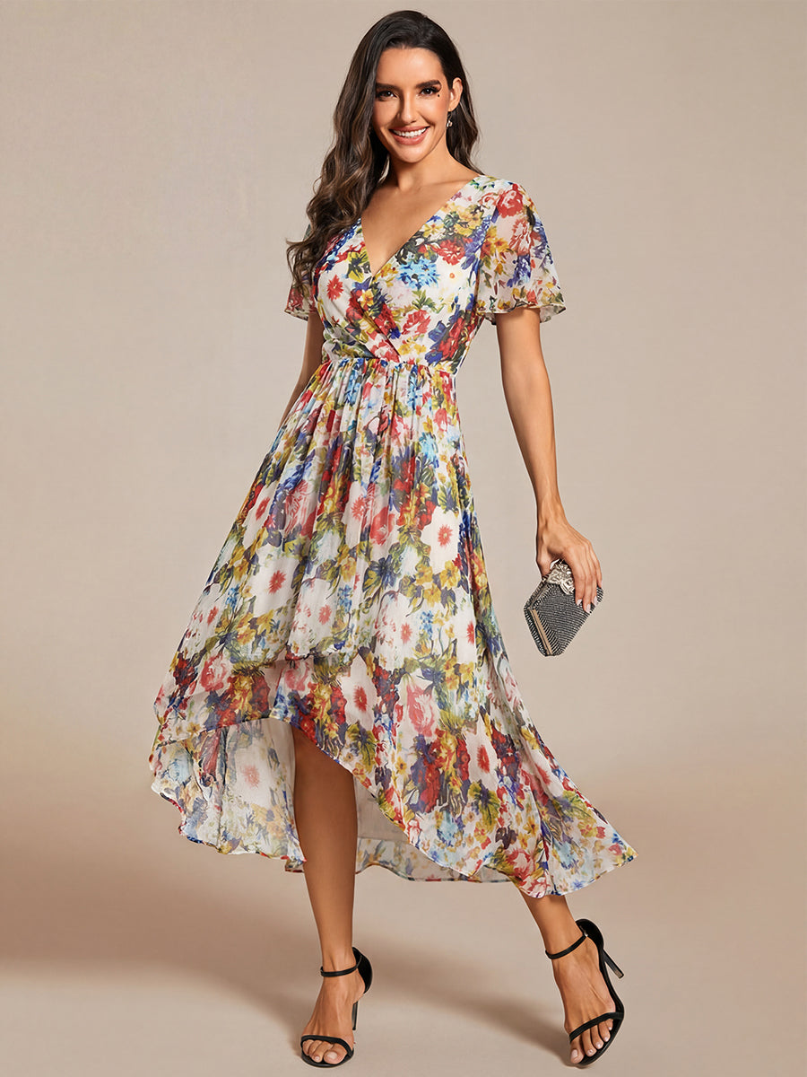 Deep V-Neck Chiffon Ruffle Sleeve Wedding Guest Dress