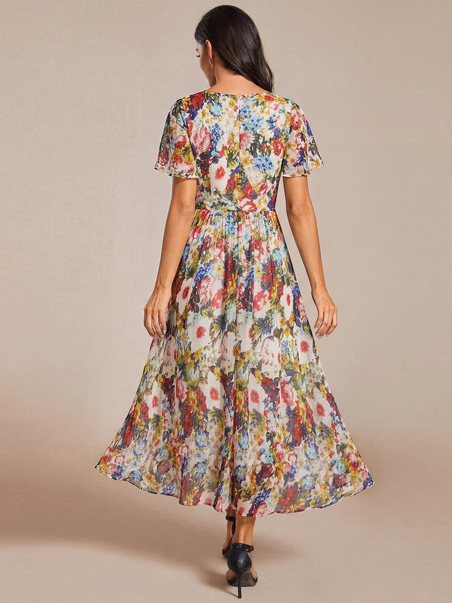 Deep V-Neck Chiffon Ruffle Sleeve Wedding Guest Dress