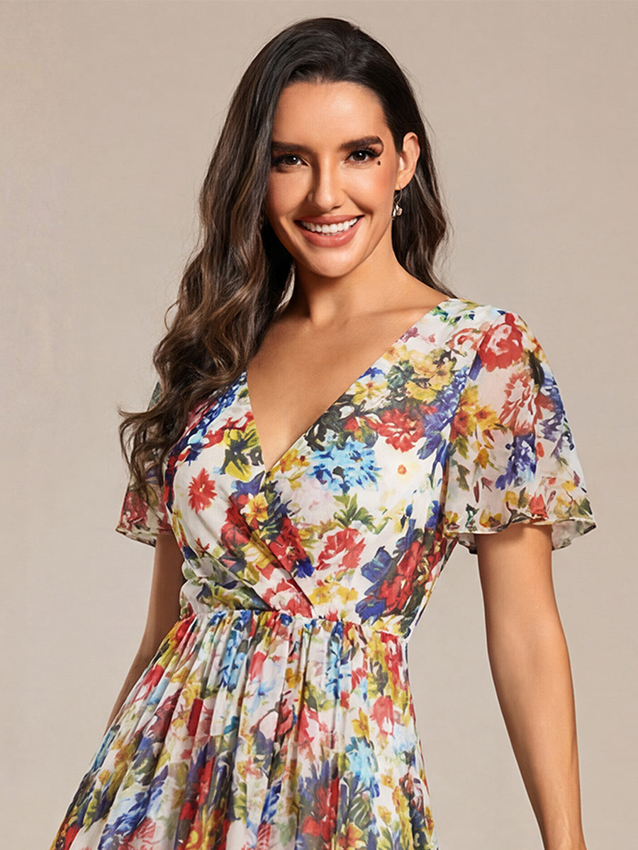 Deep V-Neck Chiffon Ruffle Sleeve Wedding Guest Dress