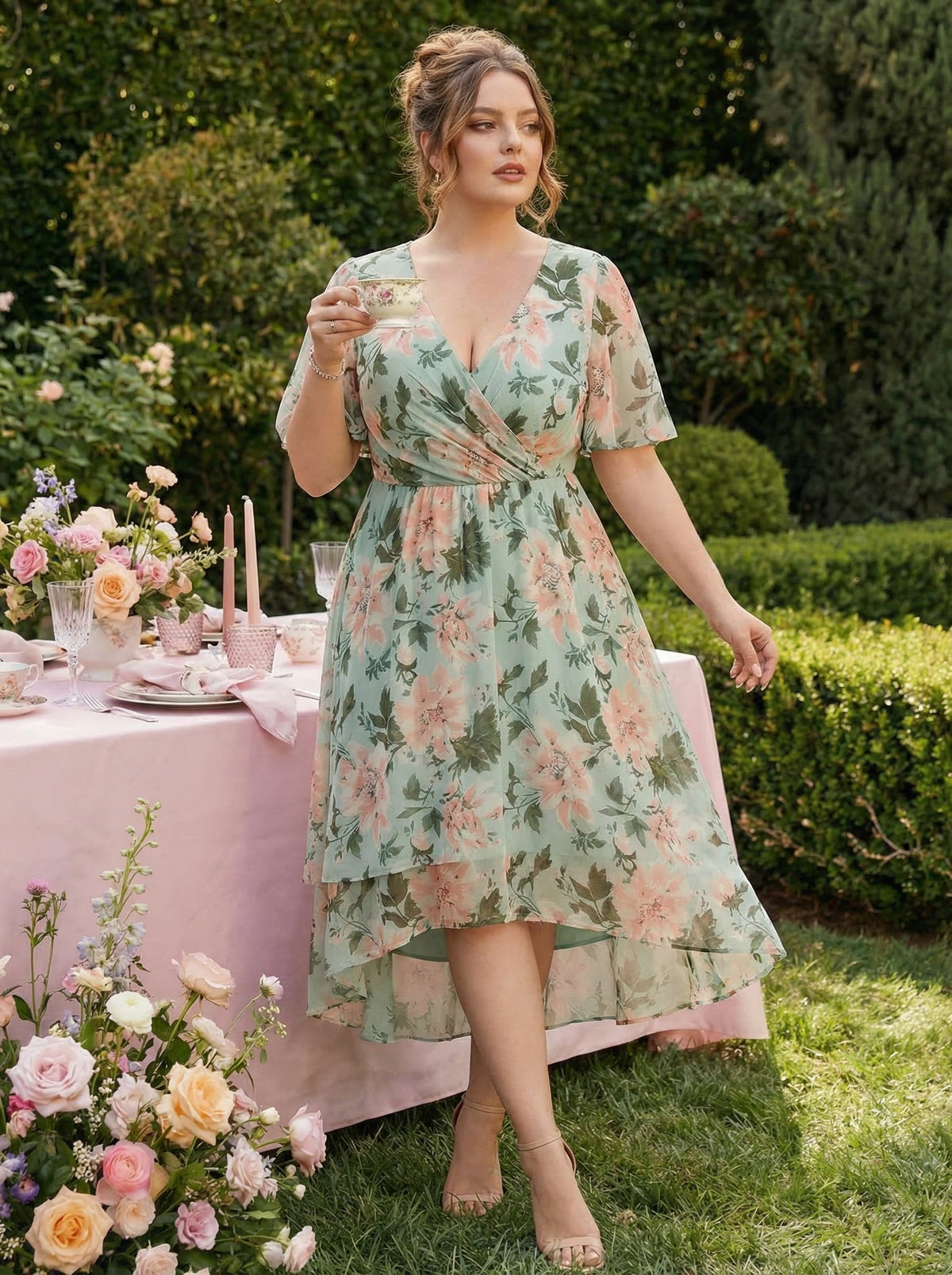 Deep V-Neck Chiffon Ruffle Sleeve Wedding Guest Dress