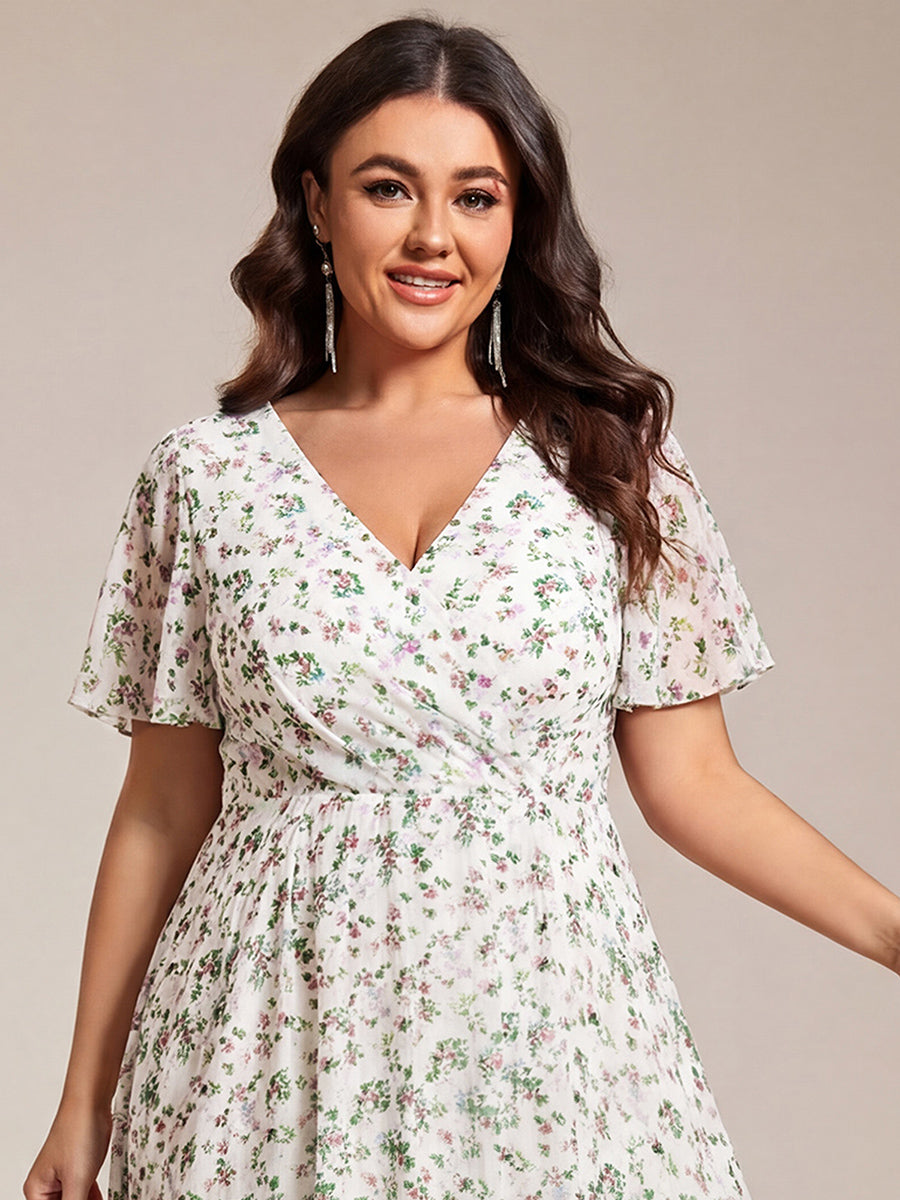Deep V-Neck Chiffon Ruffle Sleeve Wedding Guest Dress